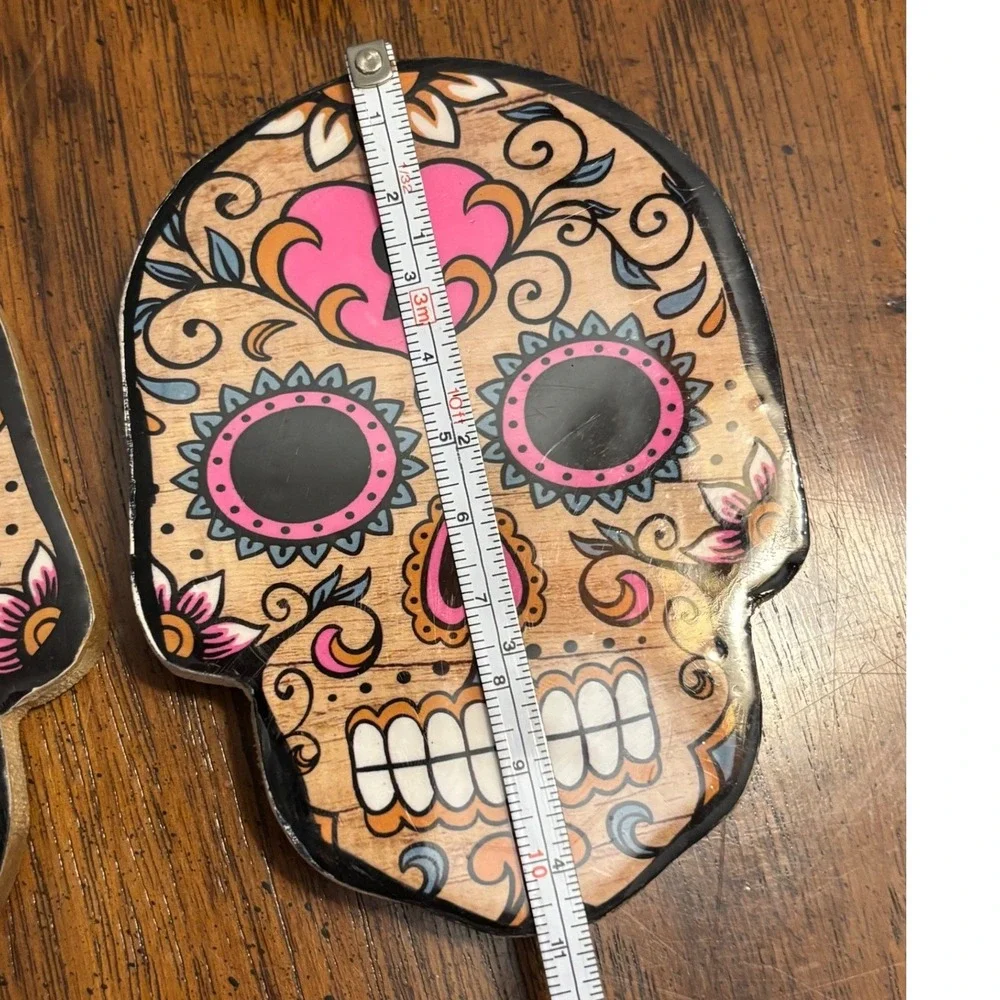 Set of 2 Wood Sugar Skull Coasters Day of the Dead Dia de los Muertos Multicolor